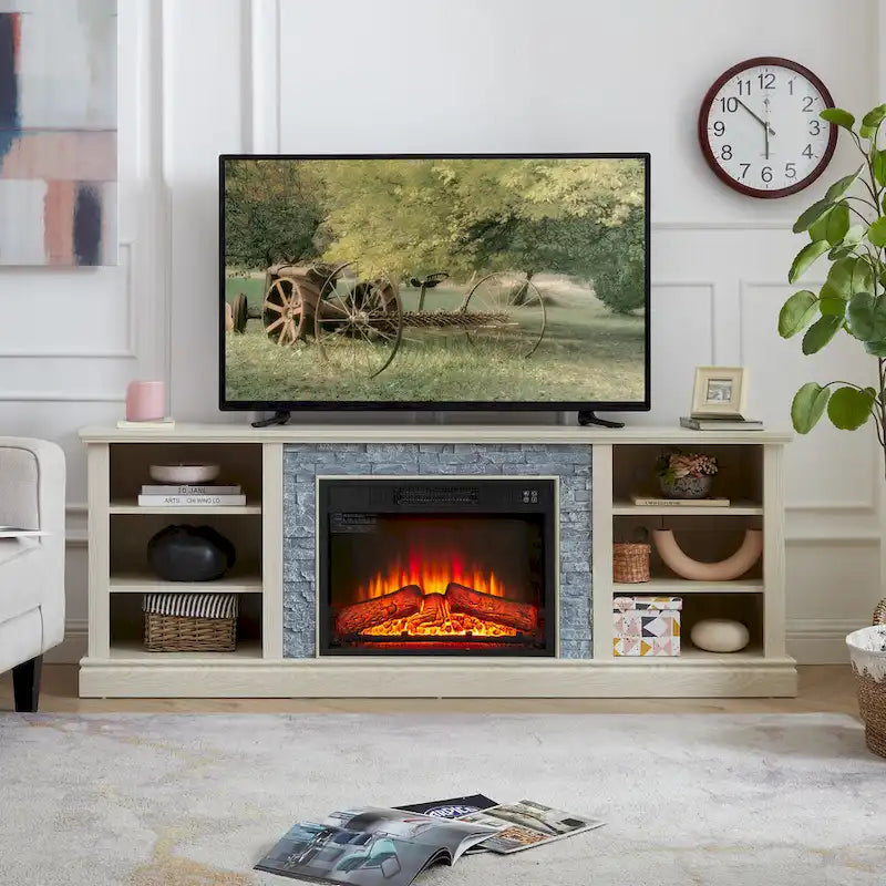Modern TV Media Stand with 23 Fireplace Insert, Large Faux Stacked Stone TV Desk Storage Rack