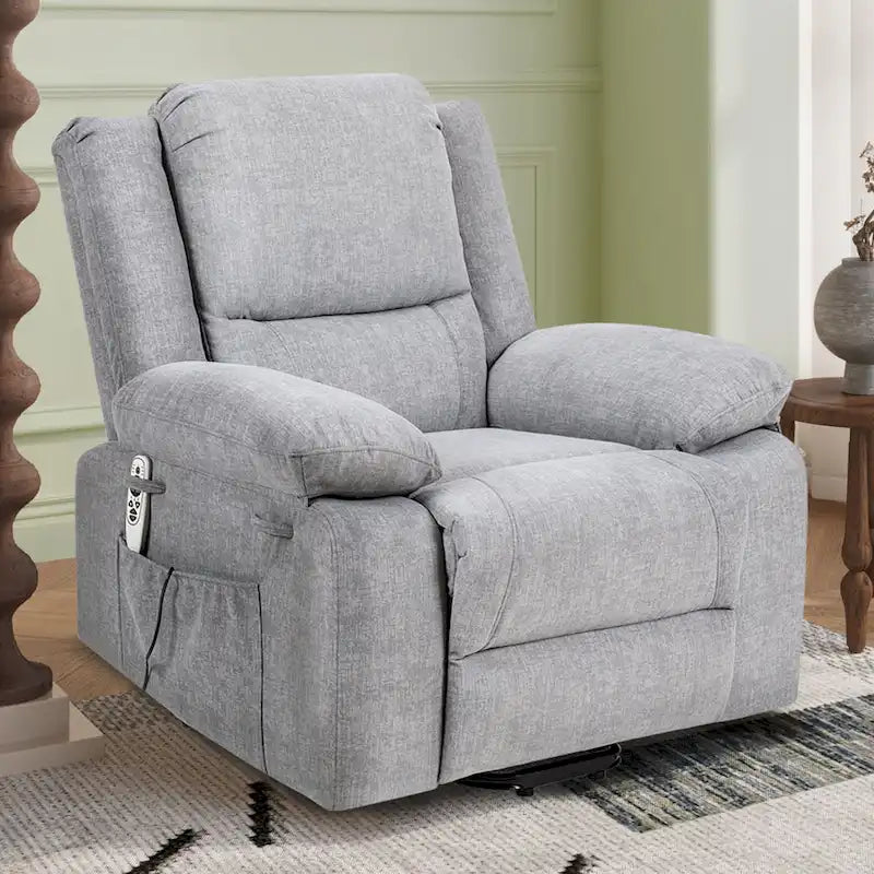 Light Grey Velvet Power Lift Recliner Chair with Massage Points, Lumbar Heating, and Storage Pocket