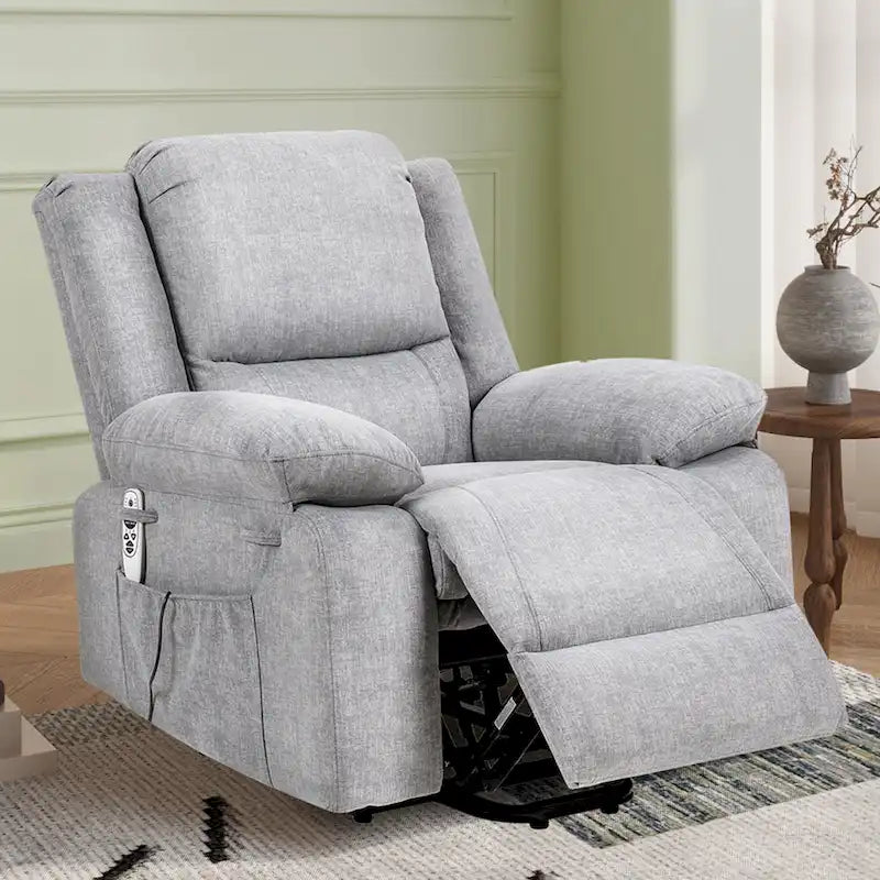 Light Grey Velvet Power Lift Recliner Chair with Massage Points, Lumbar Heating, and Storage Pocket