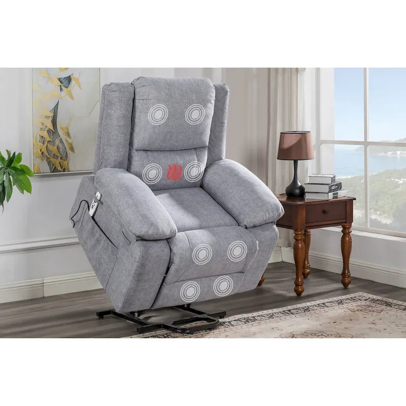 Light Grey Velvet Power Lift Recliner Chair with Massage Points, Lumbar Heating, and Storage Pocket