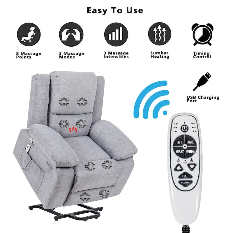 Light Grey Velvet Power Lift Recliner Chair with Massage Points, Lumbar Heating, and Storage Pocket
