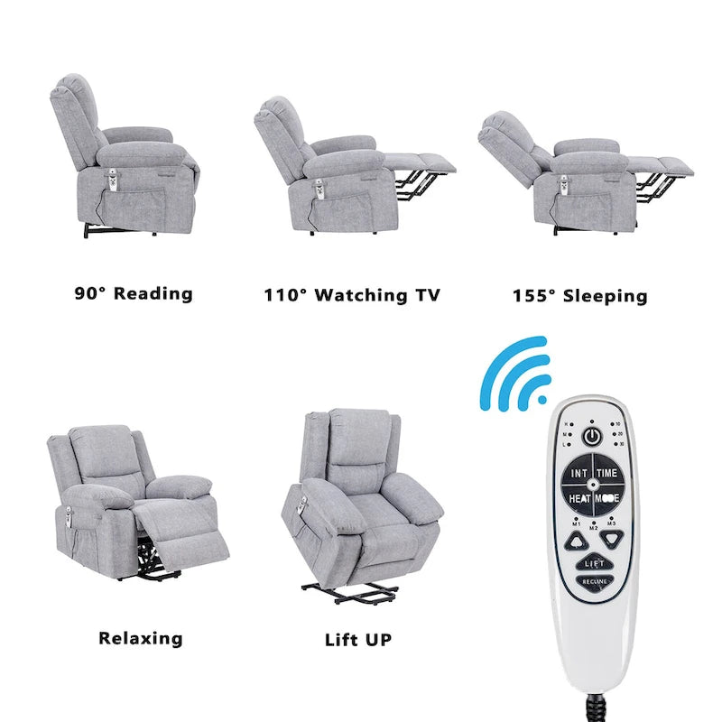 Light Grey Velvet Power Lift Recliner Chair with Massage Points, Lumbar Heating, and Storage Pocket