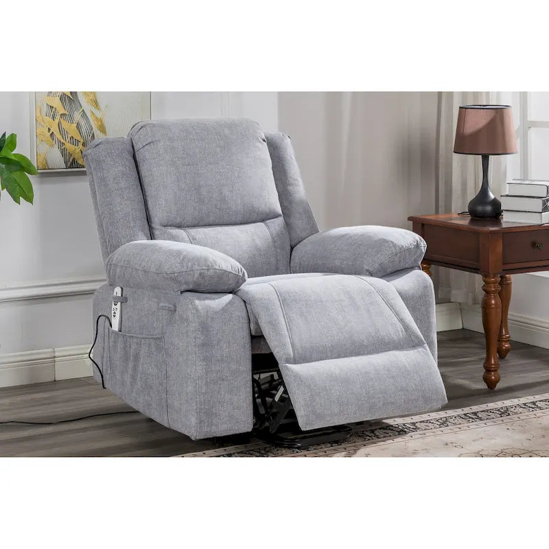 Light Grey Velvet Power Lift Recliner Chair with Massage Points, Lumbar Heating, and Storage Pocket