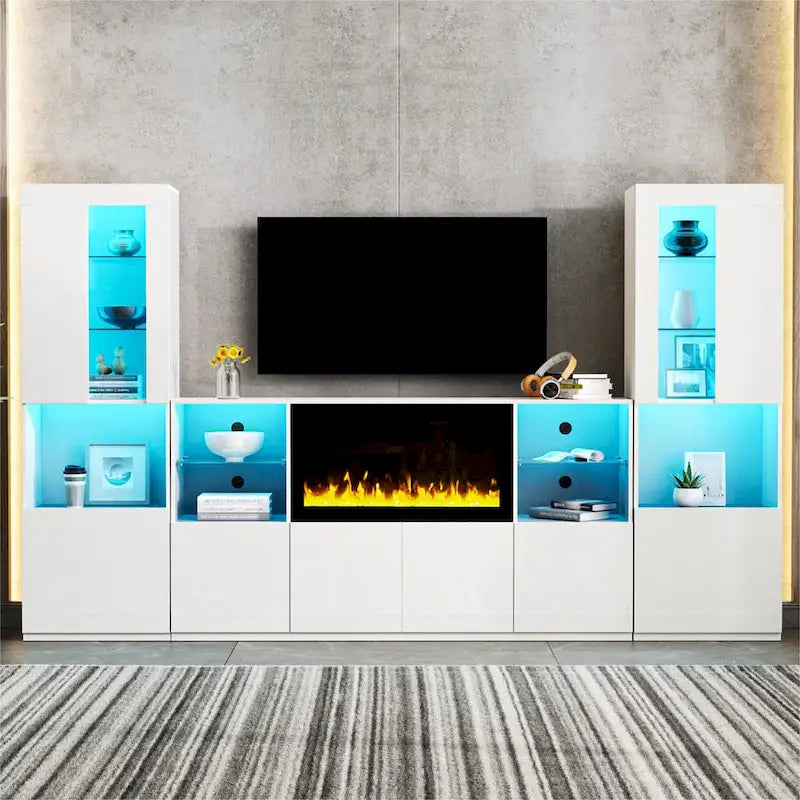 TV Stand with 34.2 Non-heating Electric Fireplace,Entertainment Center with LED Light,Tempered Glass Shelves for TVs up to 75