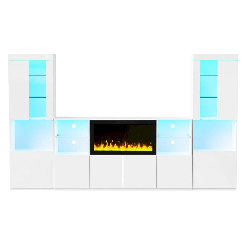 TV Stand with 34.2 Non-heating Electric Fireplace,Entertainment Center with LED Light,Tempered Glass Shelves for TVs up to 75