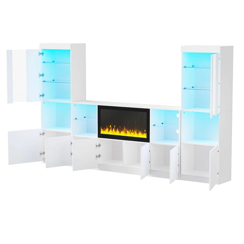 TV Stand with 34.2 Non-heating Electric Fireplace,Entertainment Center with LED Light,Tempered Glass Shelves for TVs up to 75