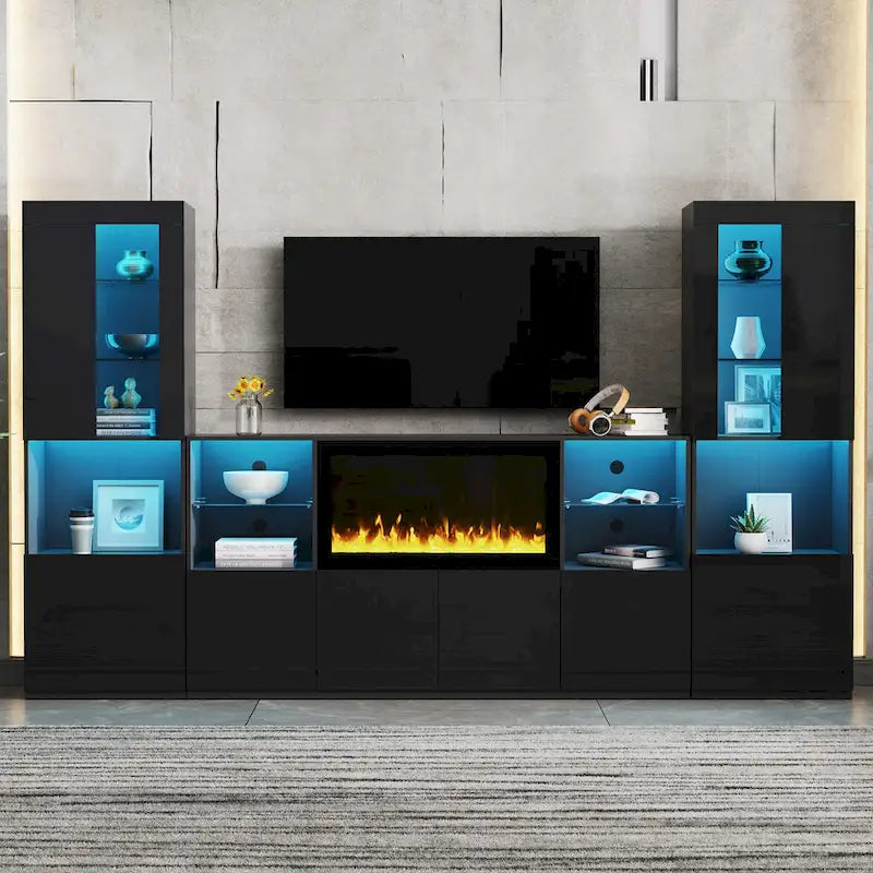 TV Stand with 34.2 Non-heating Electric Fireplace,Entertainment Center with LED Light,Tempered Glass Shelves for TVs up to 75