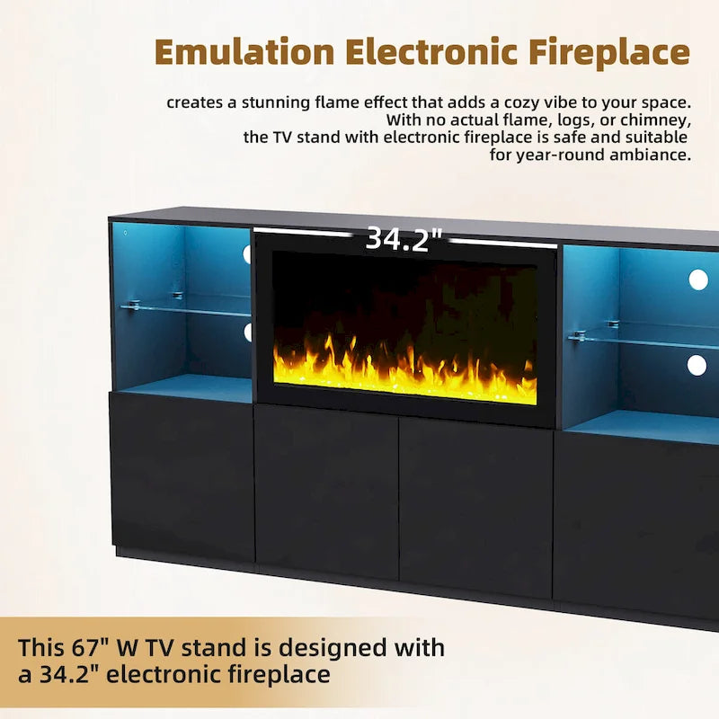 TV Stand with 34.2 Non-heating Electric Fireplace,Entertainment Center with LED Light,Tempered Glass Shelves for TVs up to 75