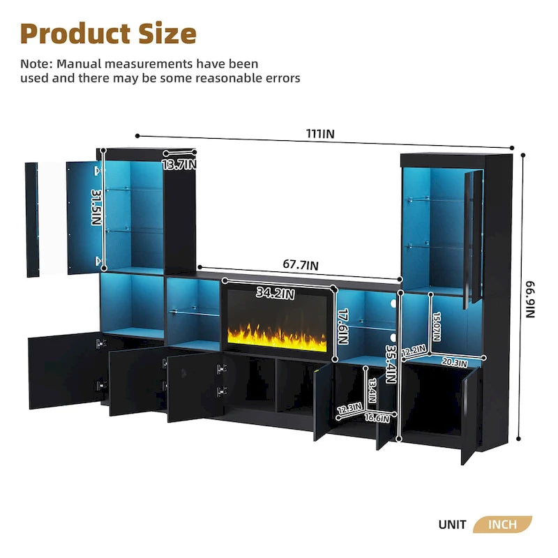 TV Stand with 34.2 Non-heating Electric Fireplace,Entertainment Center with LED Light,Tempered Glass Shelves for TVs up to 75
