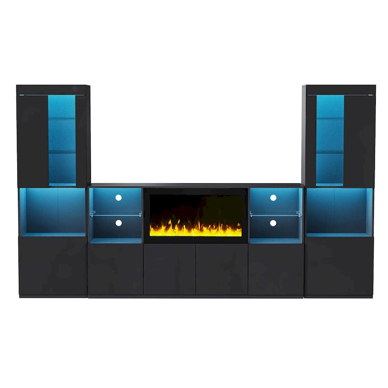 TV Stand with 34.2 Non-heating Electric Fireplace,Entertainment Center with LED Light,Tempered Glass Shelves for TVs up to 75