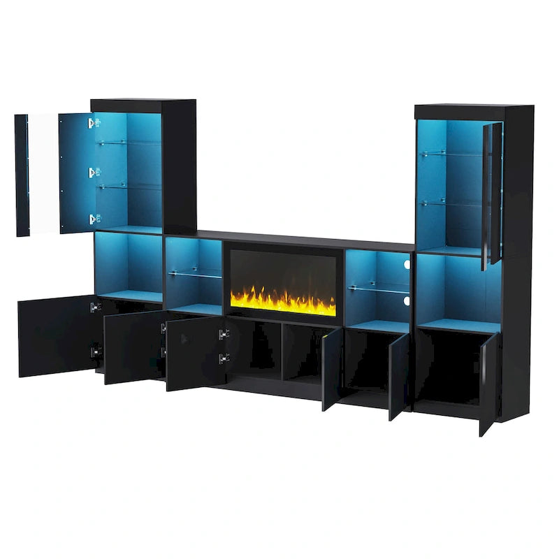 TV Stand with 34.2 Non-heating Electric Fireplace,Entertainment Center with LED Light,Tempered Glass Shelves for TVs up to 75
