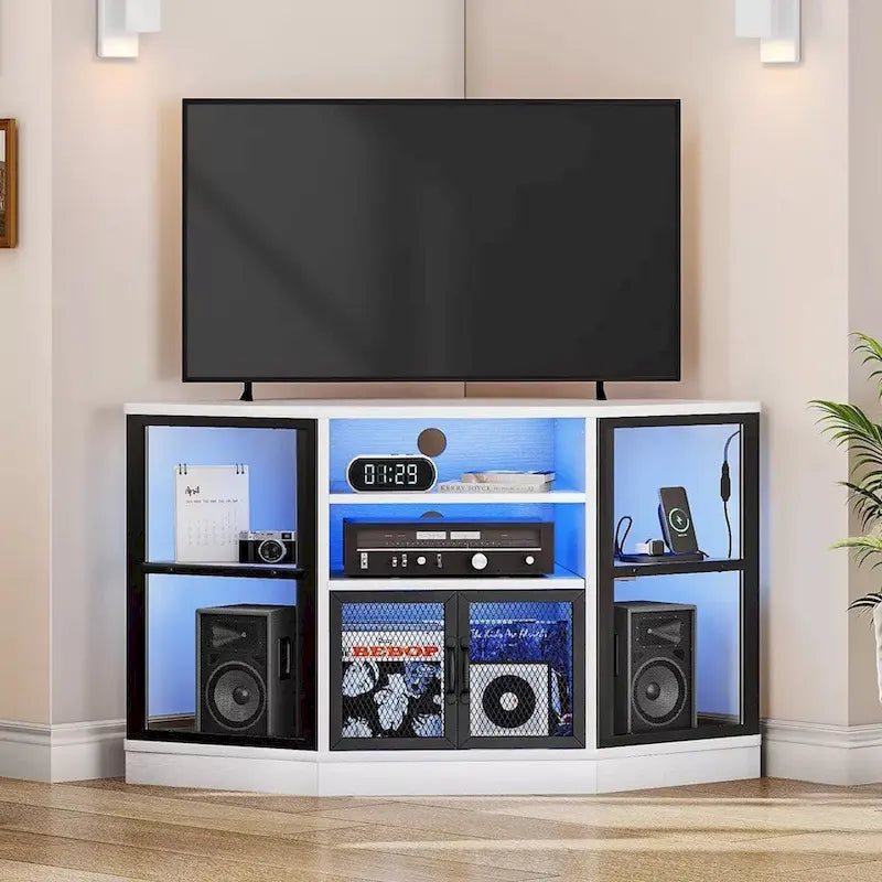 Corner Media Console with Storage Cabinets and LED Light - 47 inches in width