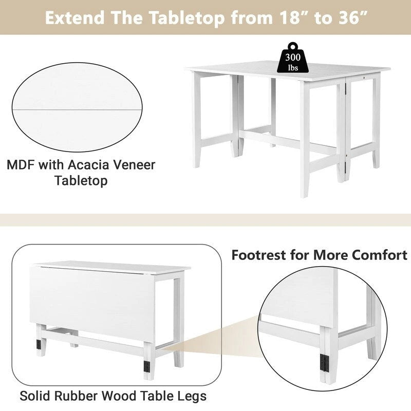 Rustic Drop-Leaf Dining Table  Space-Saving Farmhouse Design with Extendable Wood Top - 47.00in. W X36.00in.DX30.00in. H