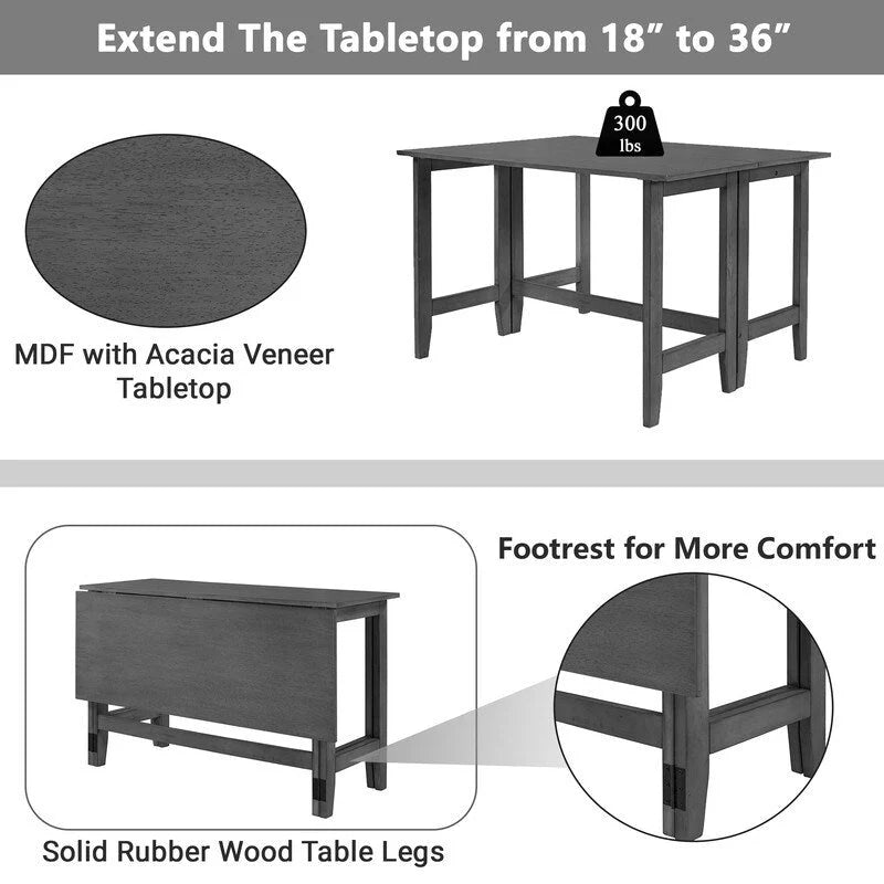 Rustic Drop-Leaf Dining Table  Space-Saving Farmhouse Design with Extendable Wood Top - 47.00in. W X36.00in.DX30.00in. H