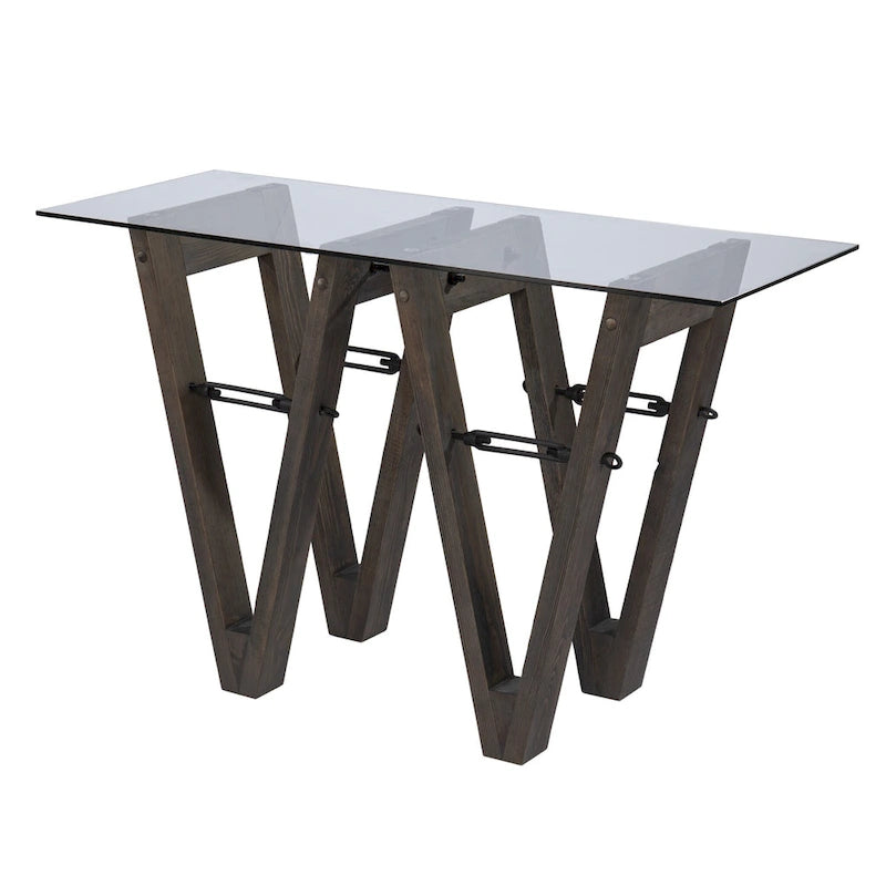 Clear Glass Reclaimed Wood Console Table with Abstract Base - 46 L x 18 W x 29.5 H