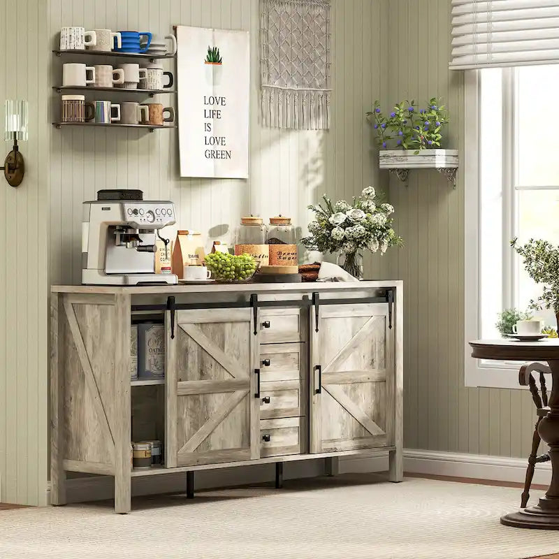 59-Inch Farmhouse Sideboard Buffet Cabinet with Sliding Barn Doors