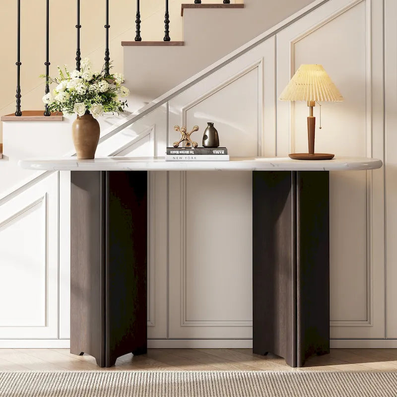 53.9-Inch Console Table with Faux Marble Top and Wood Base
