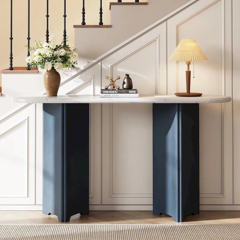 53.9-Inch Console Table with Faux Marble Top and Wood Base