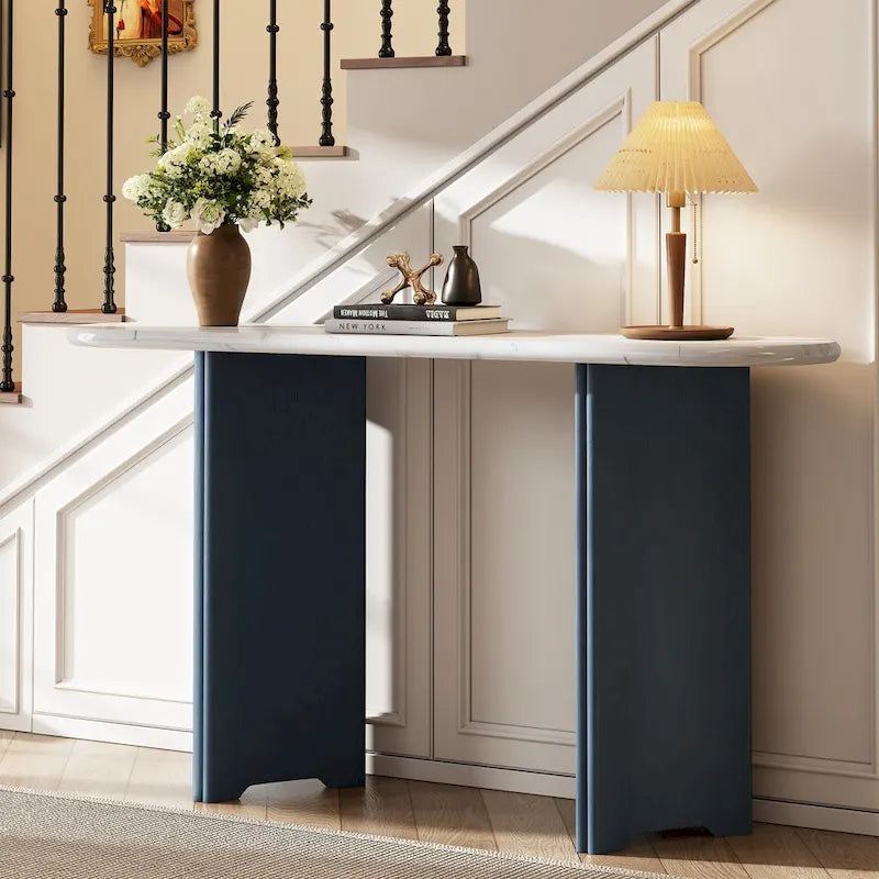 53.9-Inch Console Table with Faux Marble Top and Wood Base