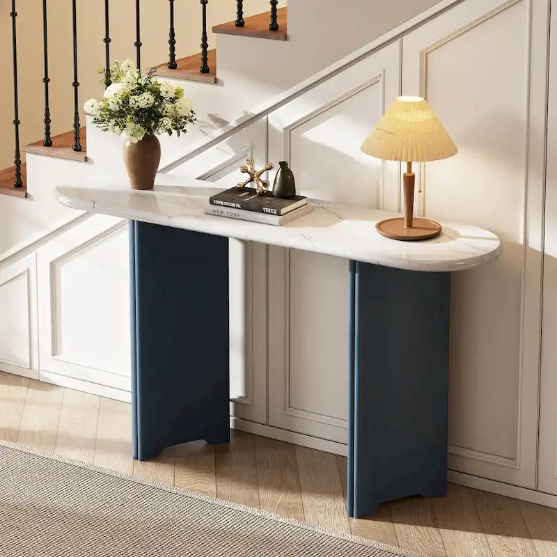 53.9-Inch Console Table with Faux Marble Top and Wood Base