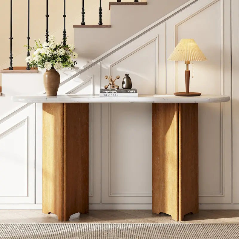 53.9-Inch Console Table with Faux Marble Top and Wood Base