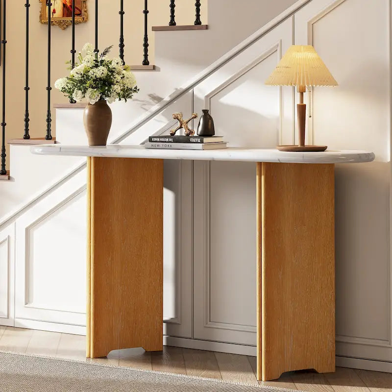 53.9-Inch Console Table with Faux Marble Top and Wood Base