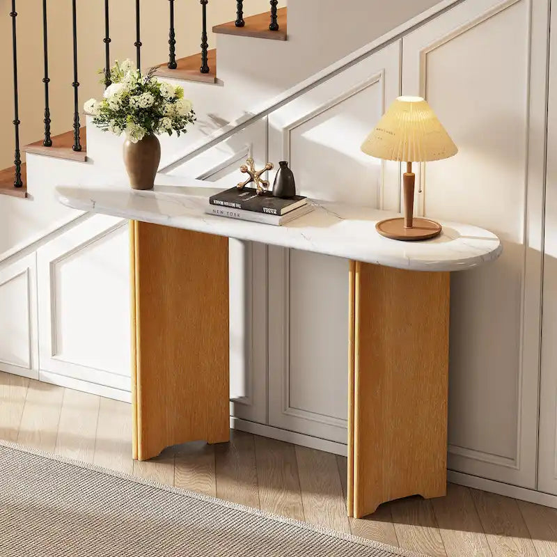 53.9-Inch Console Table with Faux Marble Top and Wood Base
