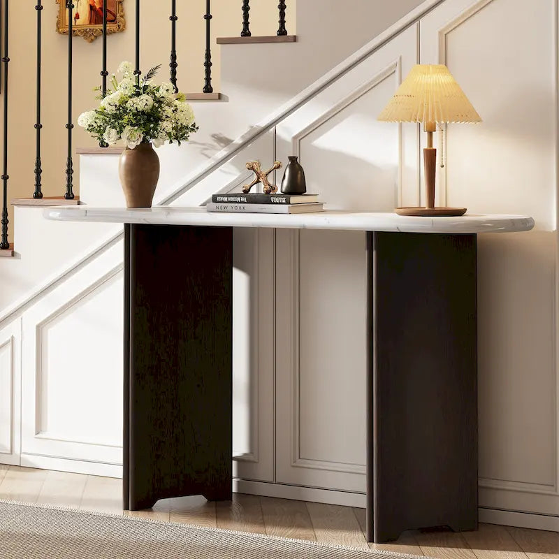 53.9-Inch Console Table with Faux Marble Top and Wood Base
