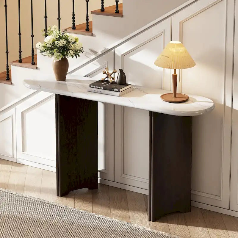 53.9-Inch Console Table with Faux Marble Top and Wood Base