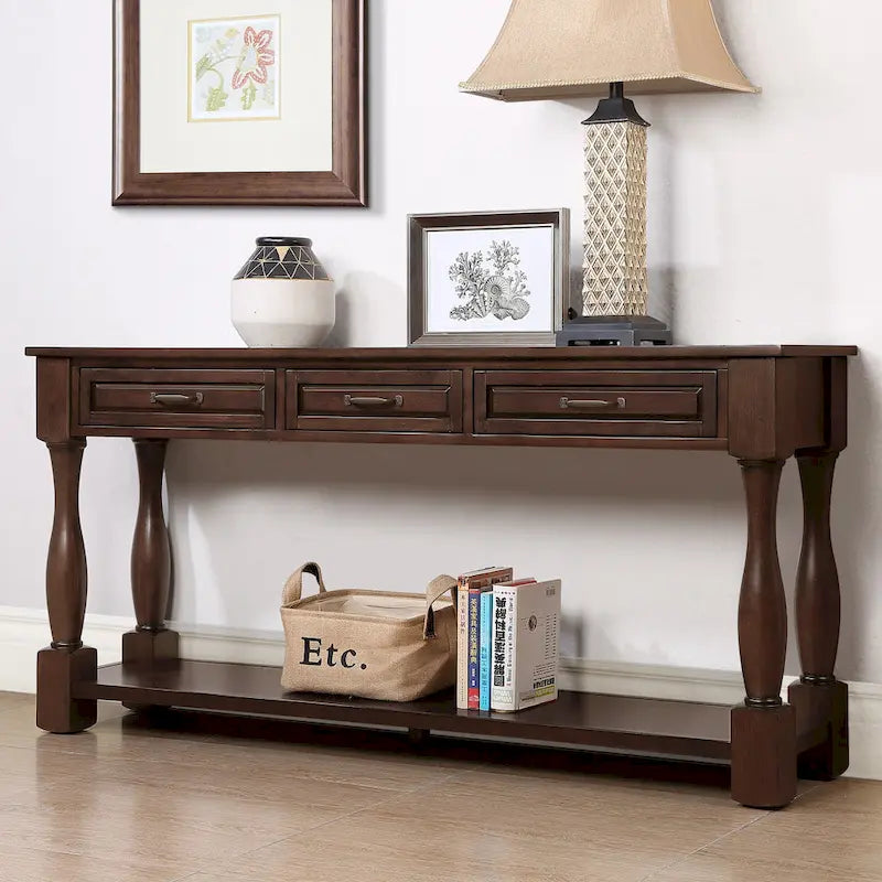 Long Wood Console Table with 3 Drawers and 1 Bottom Shelf
