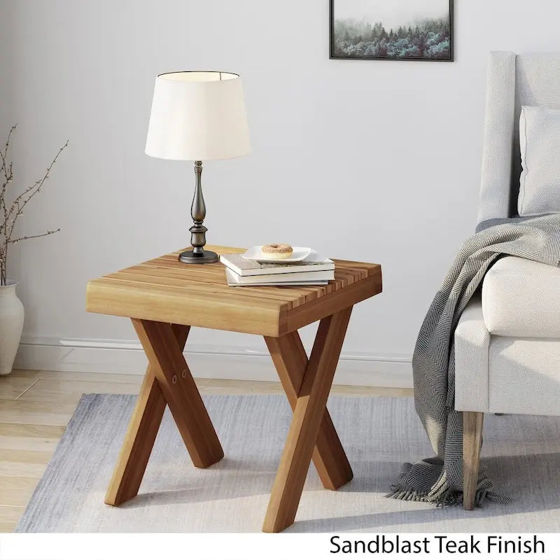 Farmhouse Acacia Wood Side Table with Cross Base
