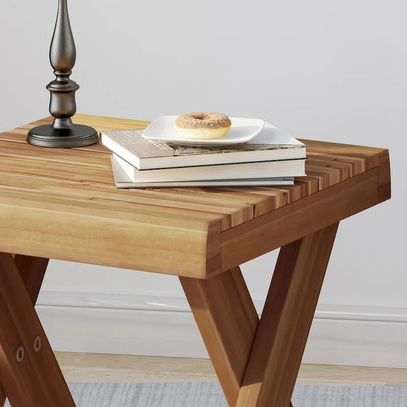 Farmhouse Acacia Wood Side Table with Cross Base
