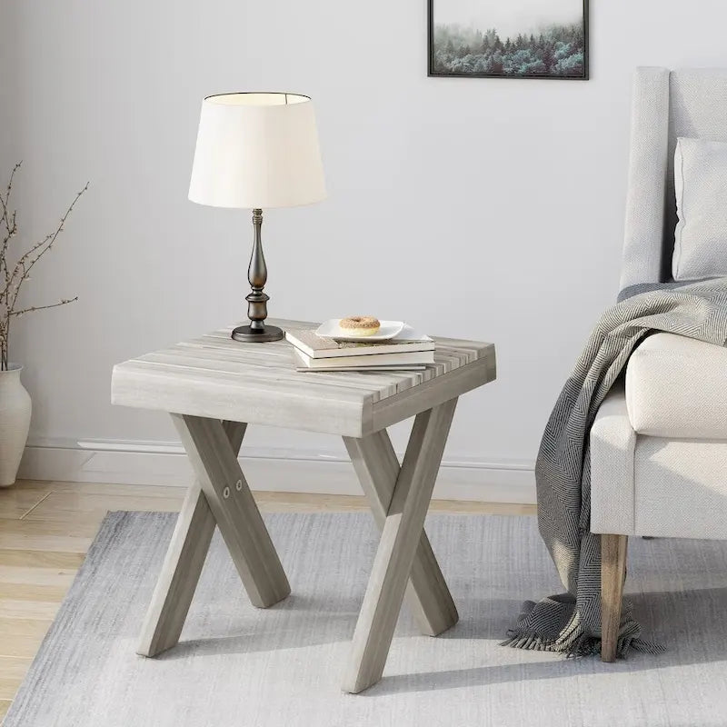 Farmhouse Acacia Wood Side Table with Cross Base