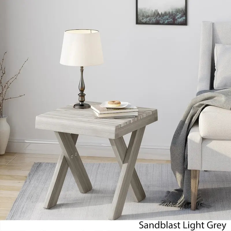 Farmhouse Acacia Wood Side Table with Cross Base