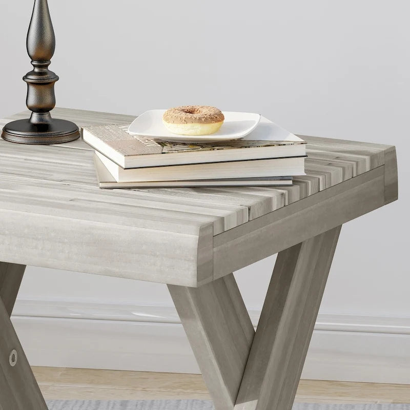 Farmhouse Acacia Wood Side Table with Cross Base