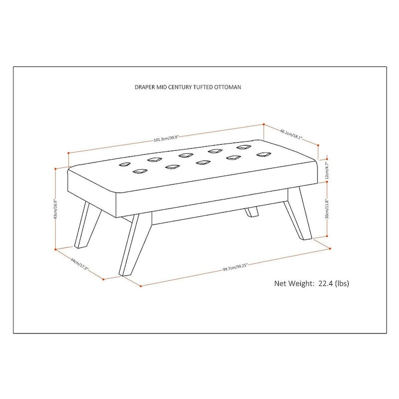 40-Inch Mid-Century Modern Tufted Rectangle Ottoman Bench