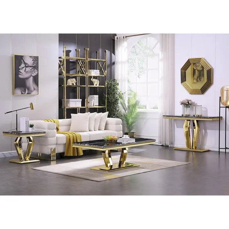 Modern Coffee Table with Stainless Steel Base 48 inches Rectangular Coffee Table with Sturdy Metal Frame for Living Room