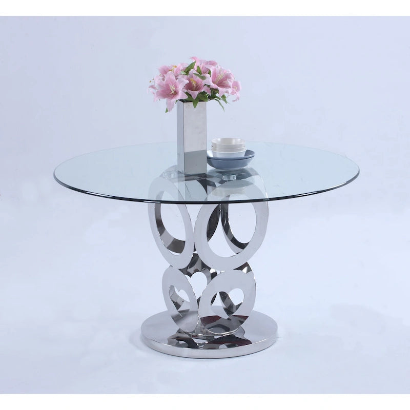 51-Inch Round Glass Dining Table with Laser Cut Pedestal Base