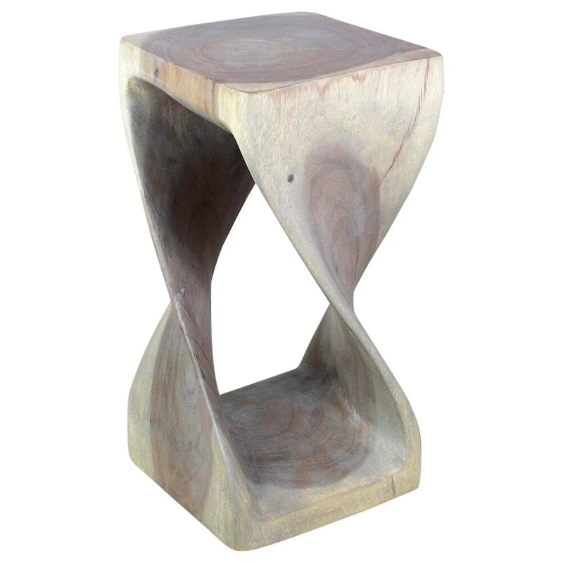 Handcarved Solid Wood Twist Stool / Accent Table - 12 x 12 x 23 in High Grey Oil