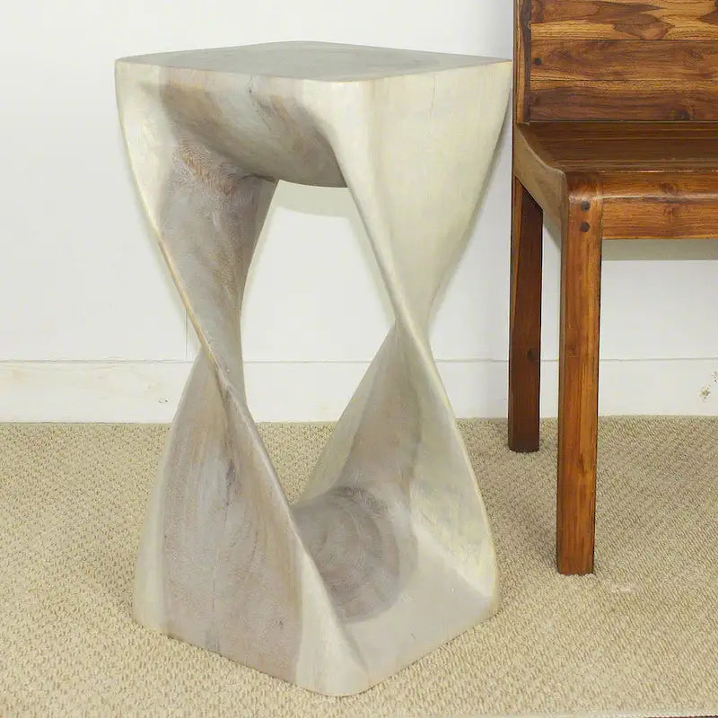 Handcarved Solid Wood Twist Stool / Accent Table - 12 x 12 x 23 in High Grey Oil