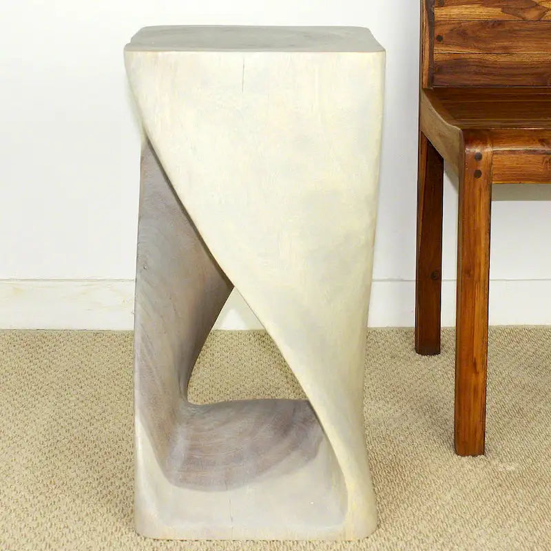 Handcarved Solid Wood Twist Stool / Accent Table - 12 x 12 x 23 in High Grey Oil