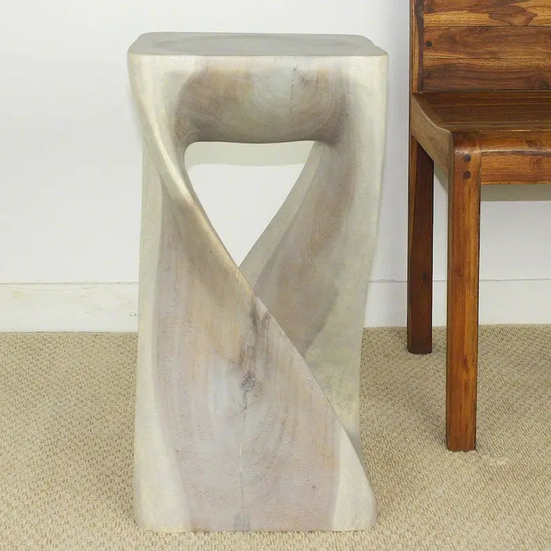 Handcarved Solid Wood Twist Stool / Accent Table - 12 x 12 x 23 in High Grey Oil