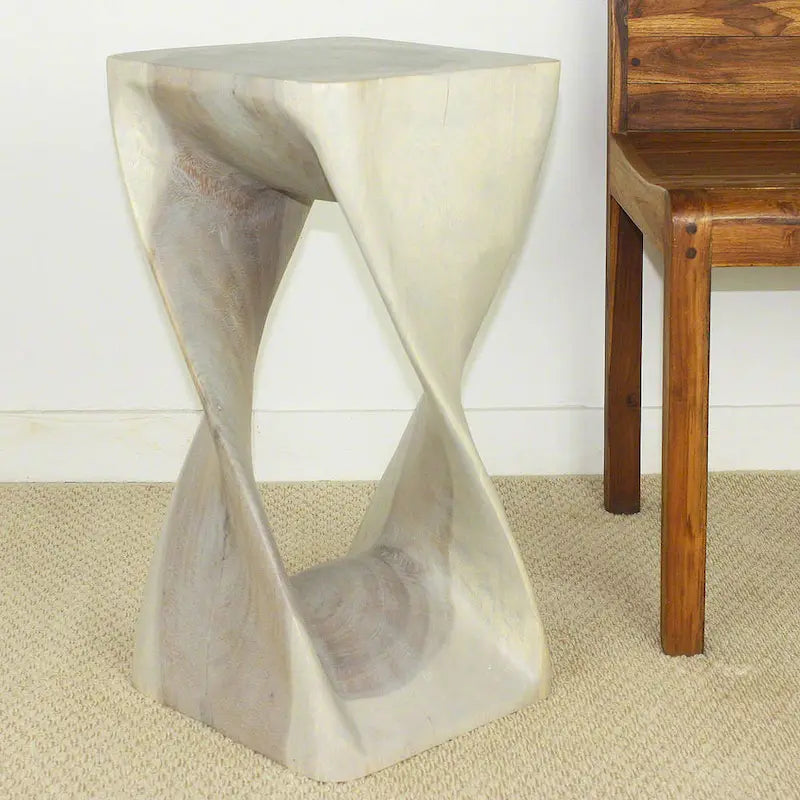 Handcarved Solid Wood Twist Stool / Accent Table - 12 x 12 x 23 in High Grey Oil