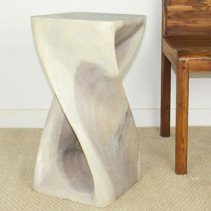 Handcarved Solid Wood Twist Stool / Accent Table - 12 x 12 x 23 in High Grey Oil