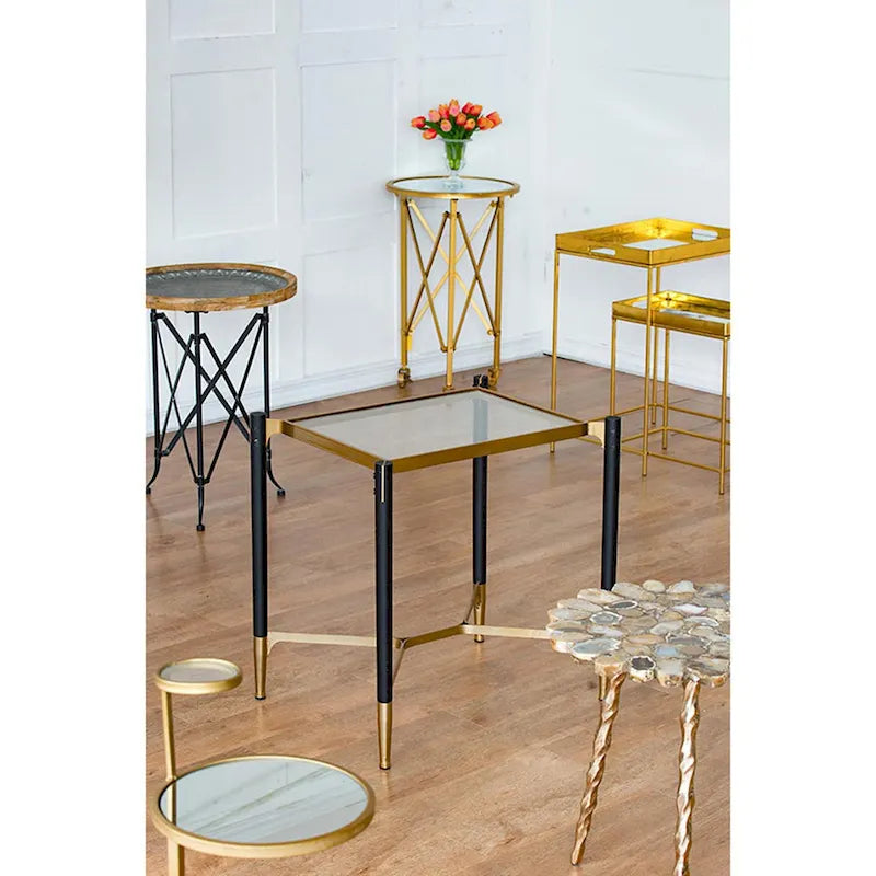 Matte Black and Gold Rectangle Occasional Table with Glass Top