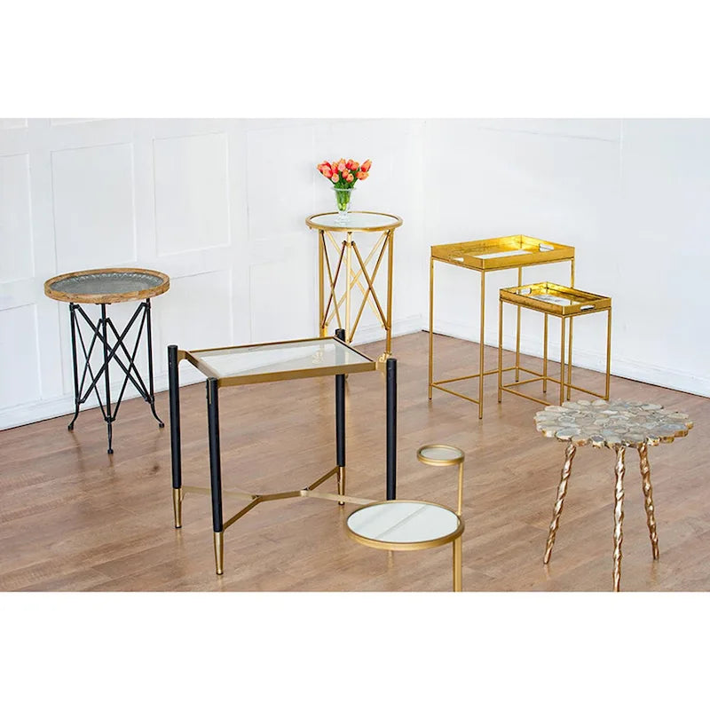 Matte Black and Gold Rectangle Occasional Table with Glass Top