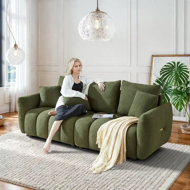 Overstuffed Upholstered Deep Seat Soft Fabric Sofa with 3 Pillows