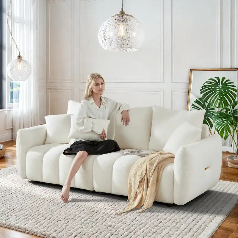 Overstuffed Upholstered Deep Seat Soft Fabric Sofa with 3 Pillows