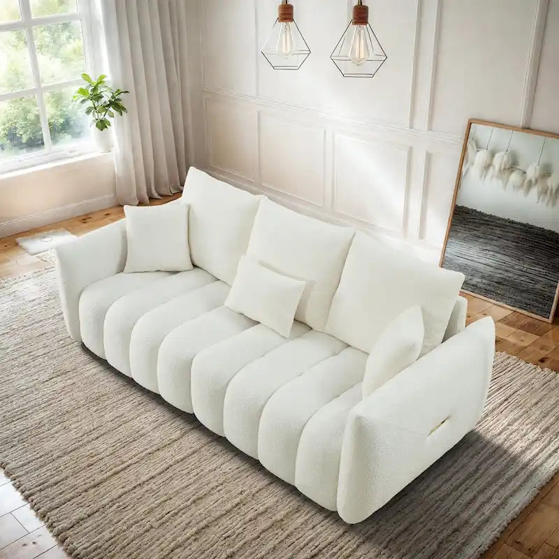 Overstuffed Upholstered Deep Seat Soft Fabric Sofa with 3 Pillows