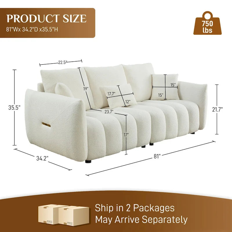Overstuffed Upholstered Deep Seat Soft Fabric Sofa with 3 Pillows